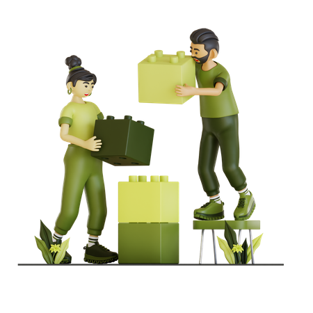 Couple Making Building Using Building Block  3D Illustration