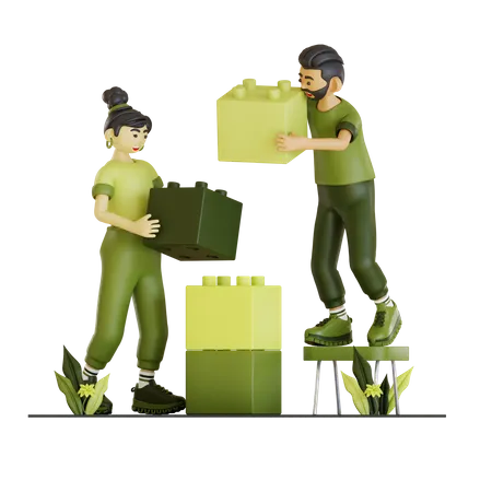 Couple Making Building Using Building Block  3D Illustration