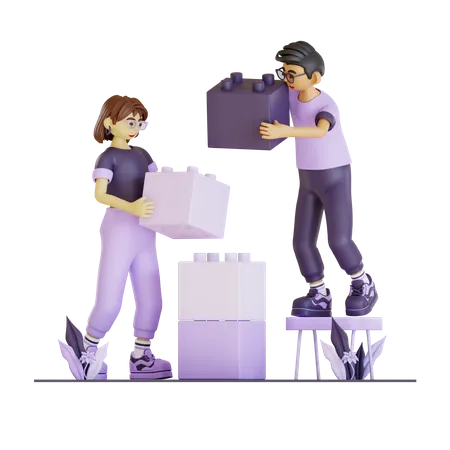 Couple Making Building Using Building Block together  3D Illustration