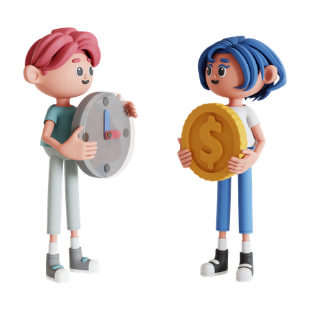 Couple montrant que le temps, c'est de l'argent  3D Illustration