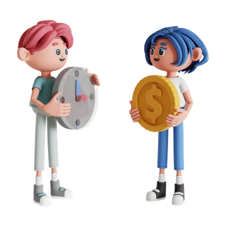 Couple montrant que le temps, c'est de l'argent  3D Illustration