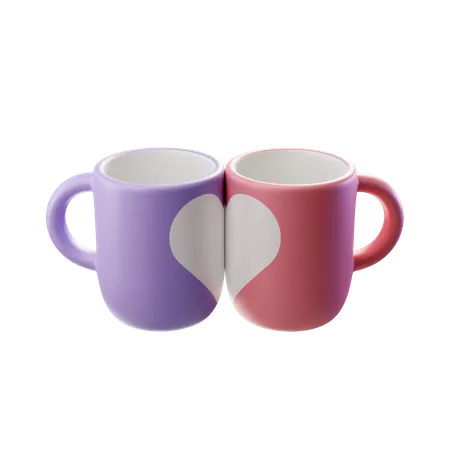 A Couple Of Empty Mugs Of Different Color And Design Sharing A Heart 3D Illustration