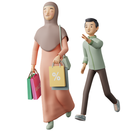 Couple musulman allant faire du shopping pour l'Aïd  3D Illustration