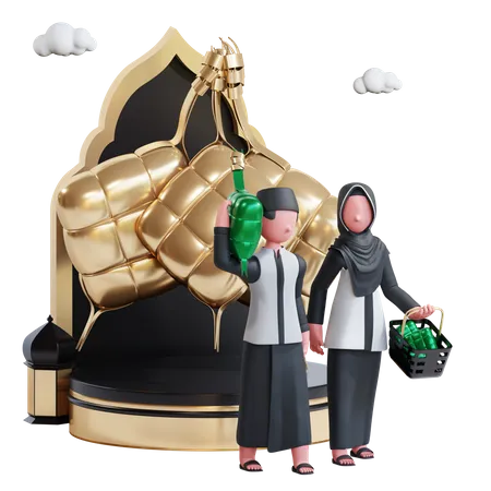 Couple musulman avec ketupat  3D Illustration