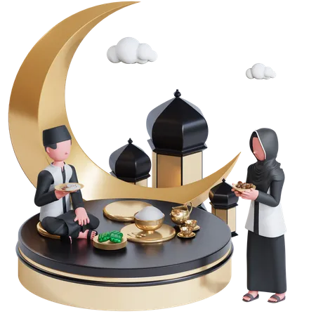 Couple musulman ayant l'iftar  3D Illustration