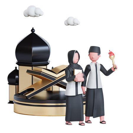 Couple musulman célébrant le nouvel an islamique  3D Illustration