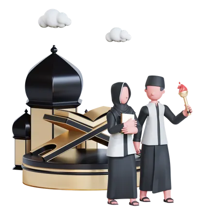 Couple musulman célébrant le nouvel an islamique  3D Illustration