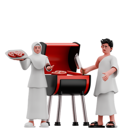 Couple musulman cuisinant un barbecue en plein air  3D Illustration