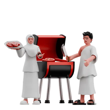 Couple musulman cuisinant un barbecue en plein air  3D Illustration