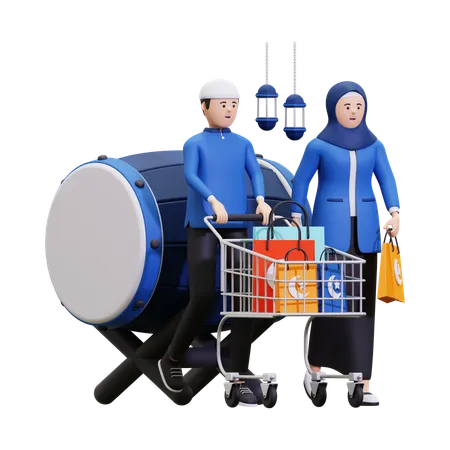 Couple musulman faisant du shopping pour le Ramadan  3D Illustration