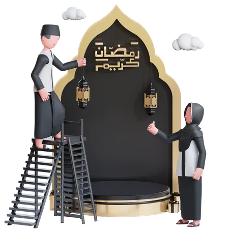 Couple musulman faisant la décoration du Ramadan  3D Illustration