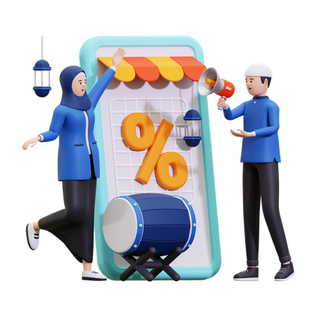 Couple musulman faisant la promotion des ventes du Ramadan  3D Illustration