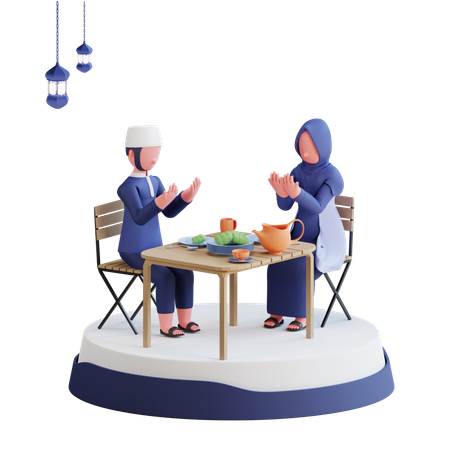 Couple musulman priant avant d'avoir l'iftar  3D Illustration