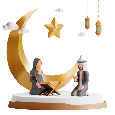 Un couple musulman prie pendant le Ramadan  3D Illustration