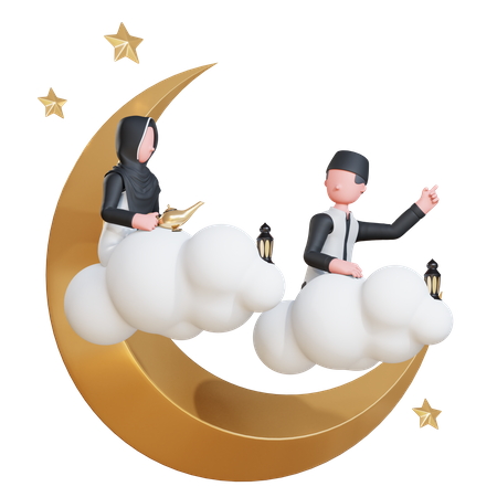 Couple musulman sur la lune  3D Illustration