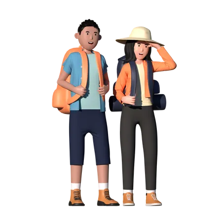 Couple of backpacker travelling together  3D Illustration