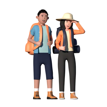 Couple of backpacker travelling together 3D Illustration