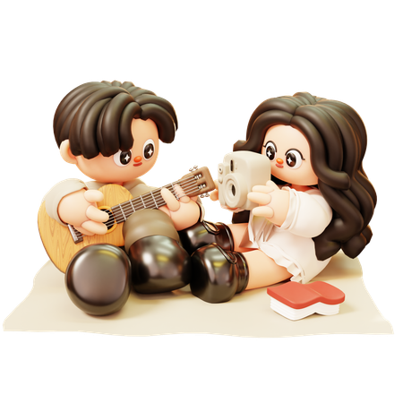 Couple Picnic And Playing Guitar And Taking Photo  3D Illustration