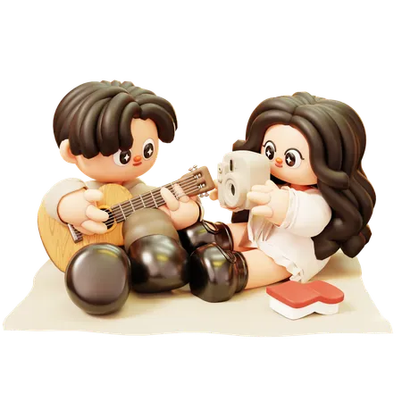 Couple Picnic And Playing Guitar And Taking Photo  3D Illustration