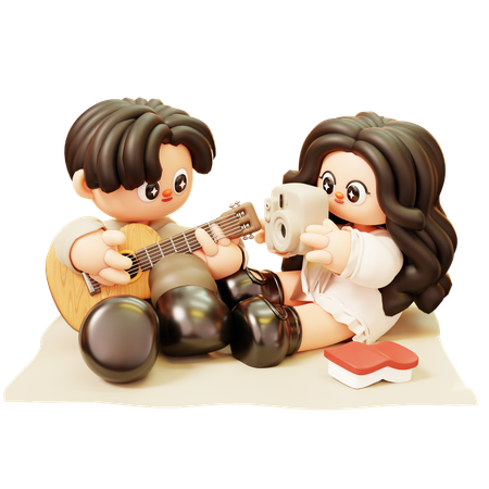 Couple pique-nique et joue de la guitare et prend des photos  3D Icon