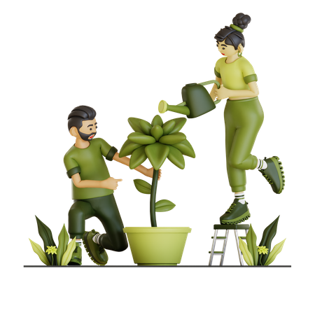 Couple Planing Plant  3D Illustration