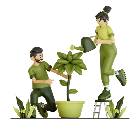 Couple Planing Plant  3D Illustration