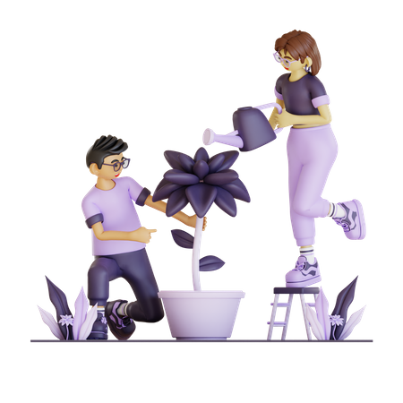 Couple Planing Plant  3D Illustration