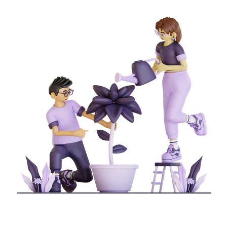 Couple Planing Plant  3D Illustration