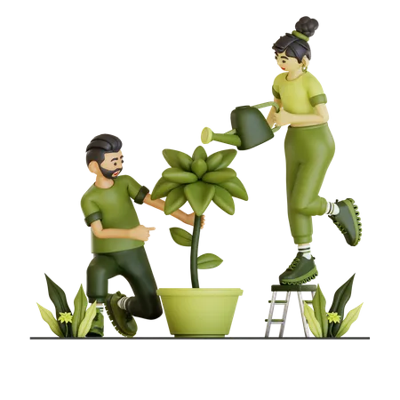 Couple Planing Plant 3D Illustration