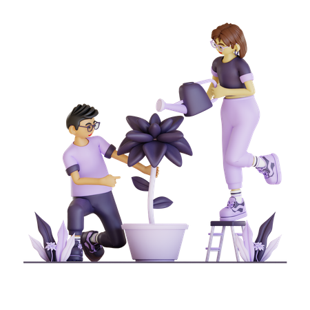 Couple Planing Plant 3D Illustration