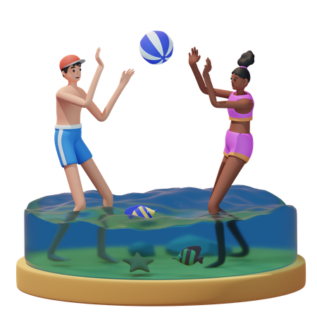 Couple Play Ball on the Beach  3D Illustration