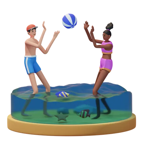 Couple Play Ball on the Beach  3D Illustration