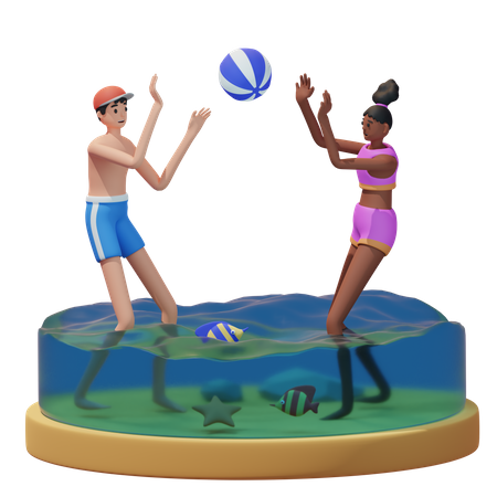 Couple Play Ball on the Beach 3D Illustration