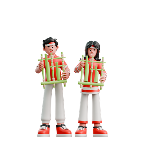 Couple Playing Angklung  3D Illustration