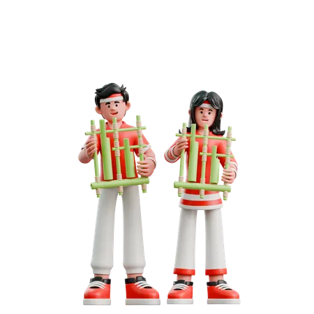 Couple Playing Angklung  3D Illustration