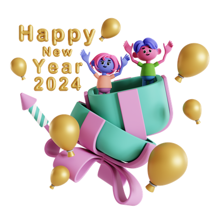 Couple popping out of gift box celebrating new year  3D Icon