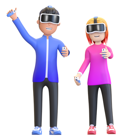 Couple portant un casque de réalité virtuelle  3D Illustration