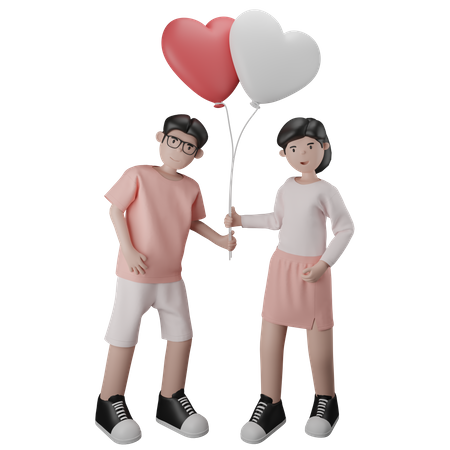 Couple portant une paire de ballons en forme de coeur  3D Illustration