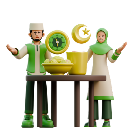 Un couple de ramadan en train de rompre le jeûne  3D Illustration