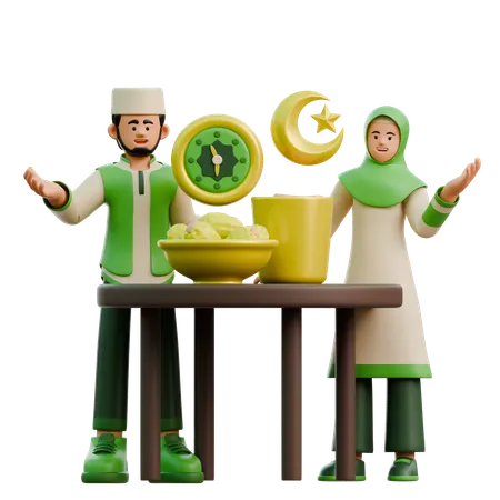 Un couple de ramadan en train de rompre le jeûne  3D Illustration