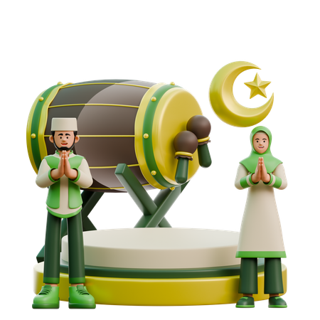 Un couple du Ramadan près du podium  3D Illustration