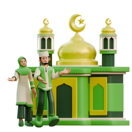 Un couple du Ramadan se rend à la mosquée  3D Illustration