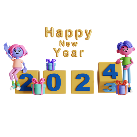 Couple rolling year cube celebrating new year  3D Illustration