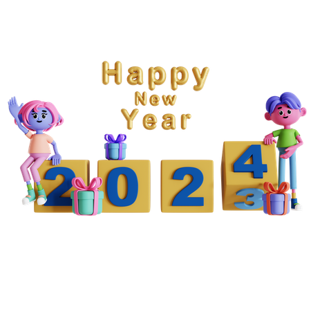 Couple rolling year cube celebrating new year  3D Illustration
