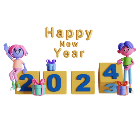 Couple rolling year cube celebrating new year  3D Illustration