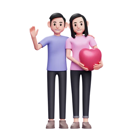 Couple romantique posant tenant des ballons coeur  3D Illustration