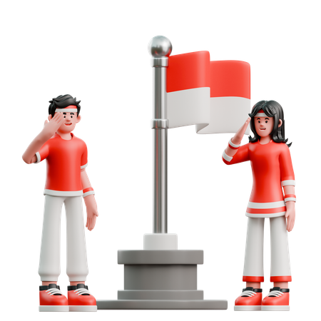 Couple Salutes Indonesia Flag  3D Icon