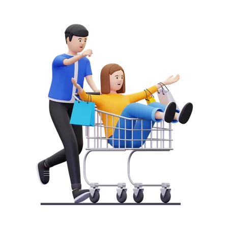 Couple s'amusant en faisant du shopping  3D Illustration