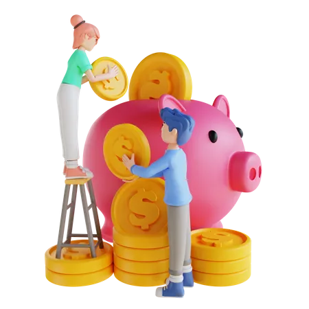 3 D Illustration Character Woman And Man Piggy Bank 3D Illustration