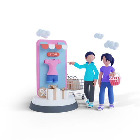 Couple shopping online through mobile app 3D Illustration